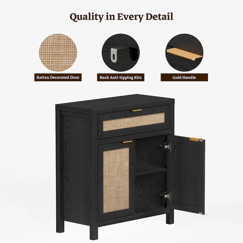 Buffet de rangement de style ferme en rotin avec tiroir