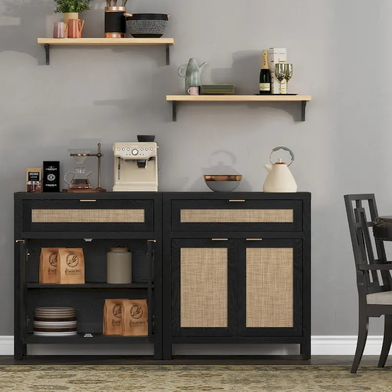 Buffet de rangement de style ferme en rotin avec tiroir