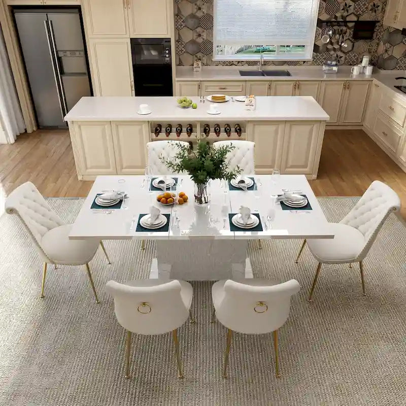 Ensemble table à manger extensible 7 pièces avec 6 chaises de salle à manger en velours