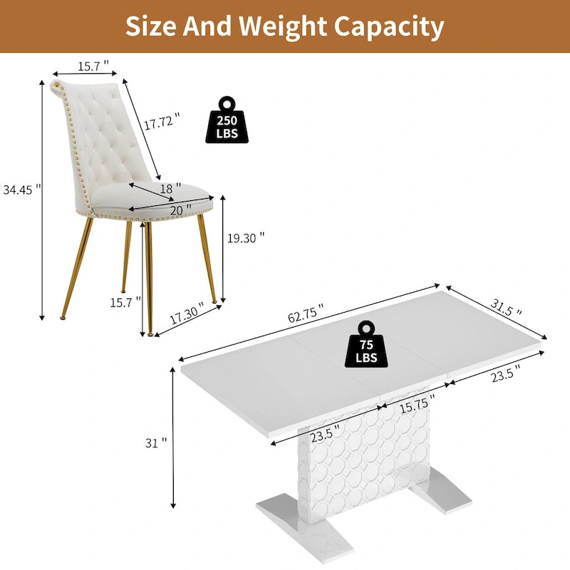 Ensemble table à manger extensible 7 pièces avec 6 chaises de salle à manger en velours