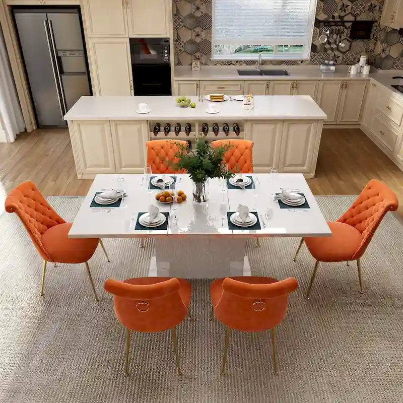 Ensemble table à manger extensible 7 pièces avec 6 chaises de salle à manger en velours