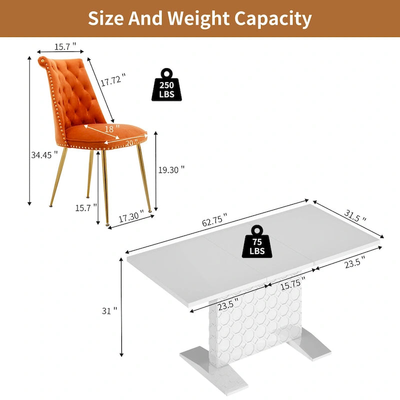 Ensemble table à manger extensible 7 pièces avec 6 chaises de salle à manger en velours