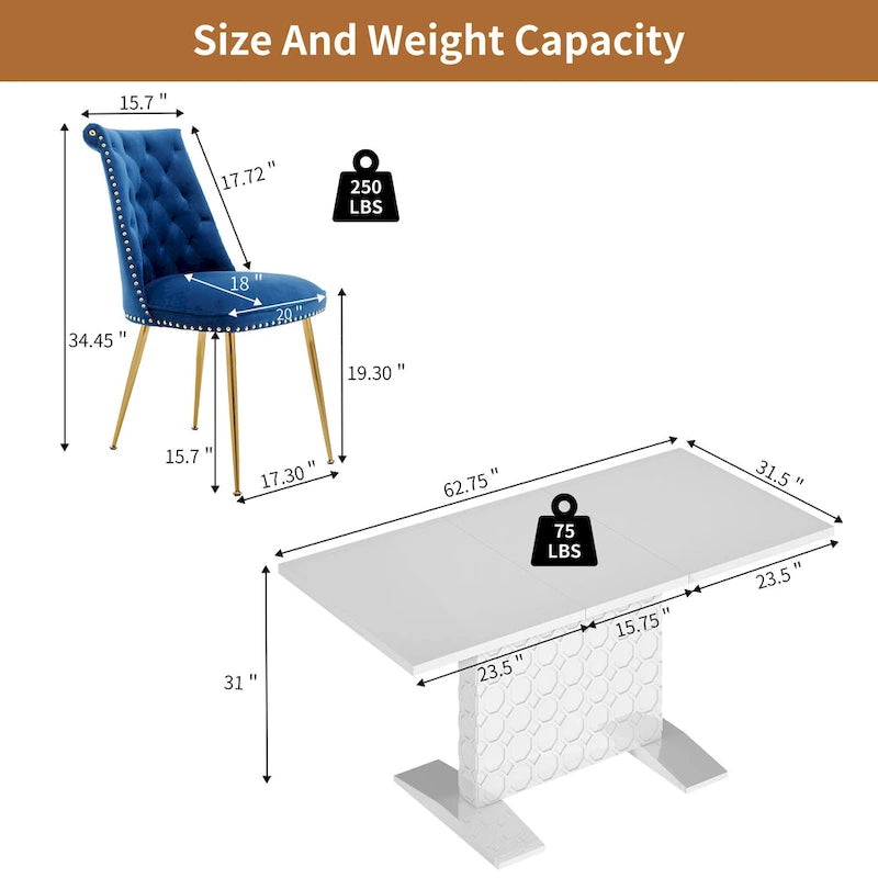 Ensemble table à manger extensible 7 pièces avec 6 chaises de salle à manger en velours
