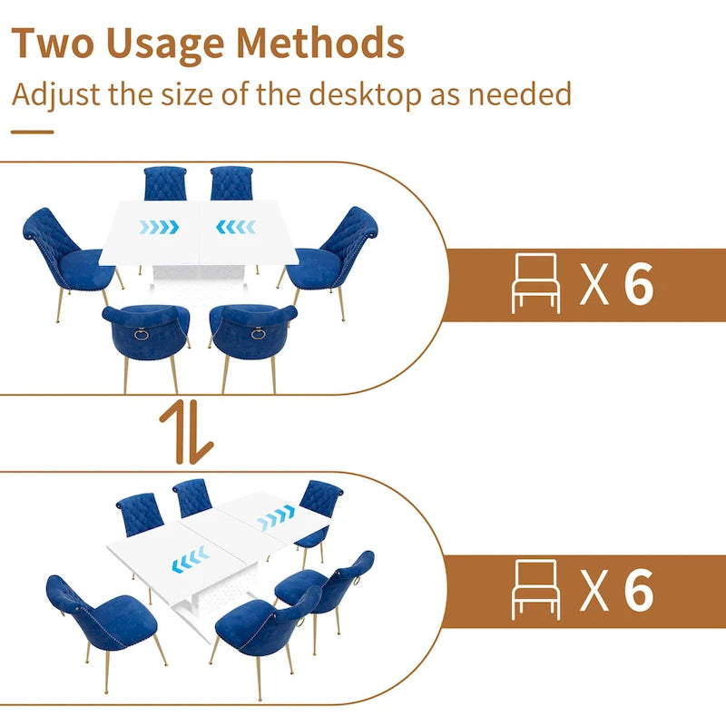 Ensemble table à manger extensible 7 pièces avec 6 chaises de salle à manger en velours