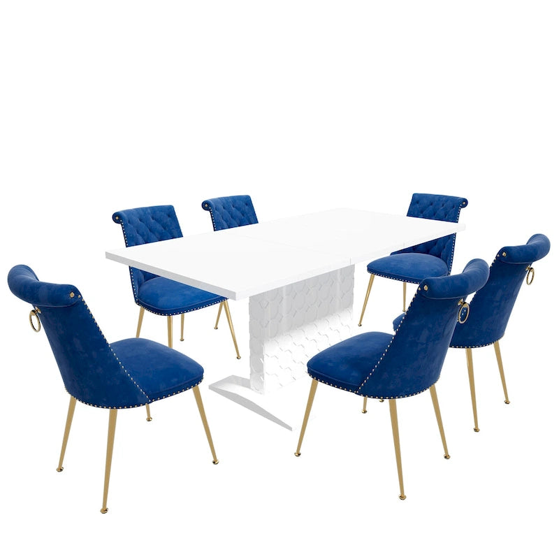 Ensemble table à manger extensible 7 pièces avec 6 chaises de salle à manger en velours
