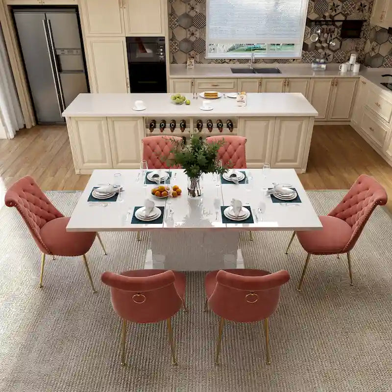 Ensemble table à manger extensible 7 pièces avec 6 chaises de salle à manger en velours