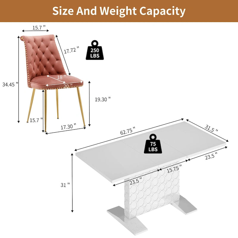 Ensemble table à manger extensible 7 pièces avec 6 chaises de salle à manger en velours