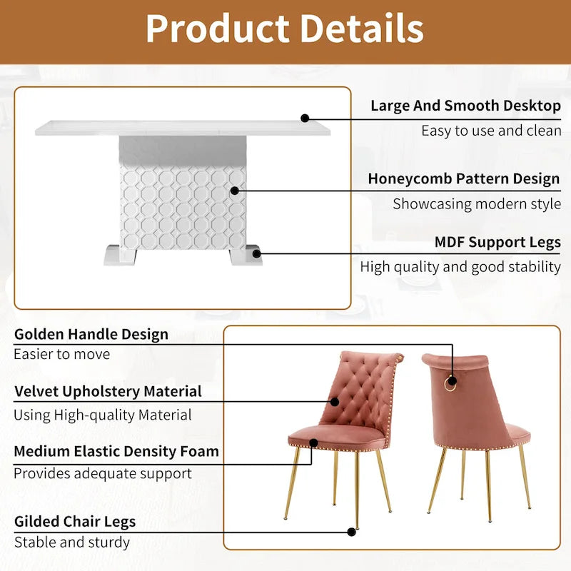 Ensemble table à manger extensible 7 pièces avec 6 chaises de salle à manger en velours