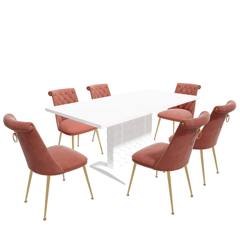 Ensemble table à manger extensible 7 pièces avec 6 chaises de salle à manger en velours