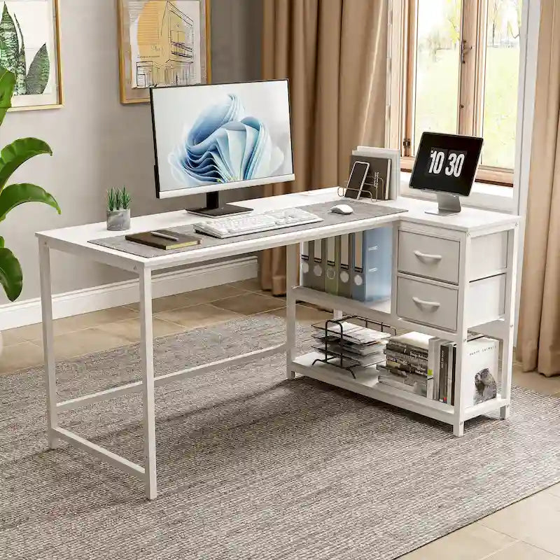 Bureau en L (avec tiroirs, étagères de rangement et prises de courant)