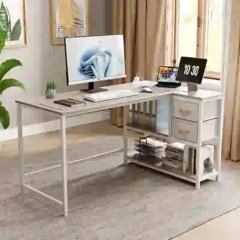Bureau en L (avec tiroirs, étagères de rangement et prises de courant)