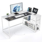 Bureau en L (avec tiroirs, étagères de rangement et prises de courant)