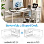 Bureau en L (avec tiroirs, étagères de rangement et prises de courant)