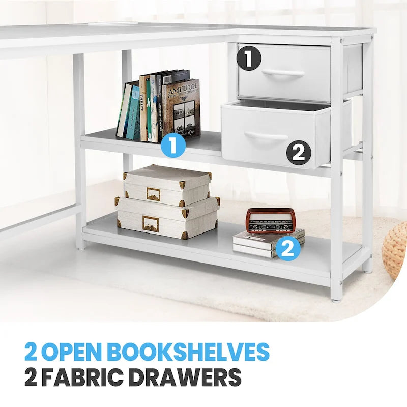 Bureau en L (avec tiroirs, étagères de rangement et prises de courant)