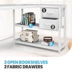 Bureau en L (avec tiroirs, étagères de rangement et prises de courant)