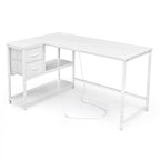 Bureau en L (avec tiroirs, étagères de rangement et prises de courant)