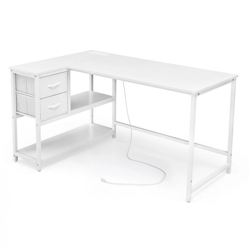 Bureau en L (avec tiroirs, étagères de rangement et prises de courant)