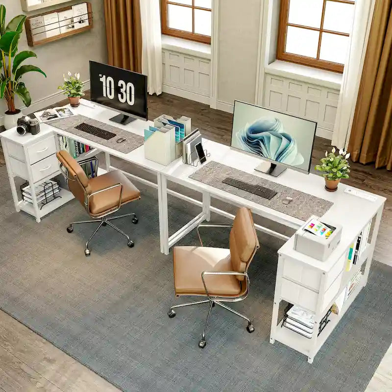 Bureau en L (avec tiroirs, étagères de rangement et prises de courant)