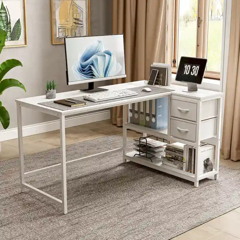 Bureau en L (avec tiroirs, étagères de rangement et prises de courant)