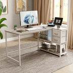 Bureau en L (avec tiroirs, étagères de rangement et prises de courant)