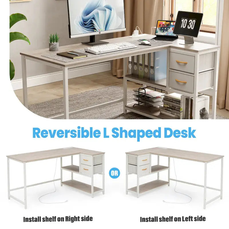 Bureau en L (avec tiroirs, étagères de rangement et prises de courant)