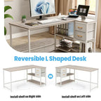 Bureau en L (avec tiroirs, étagères de rangement et prises de courant)