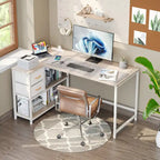 Bureau en L (avec tiroirs, étagères de rangement et prises de courant)