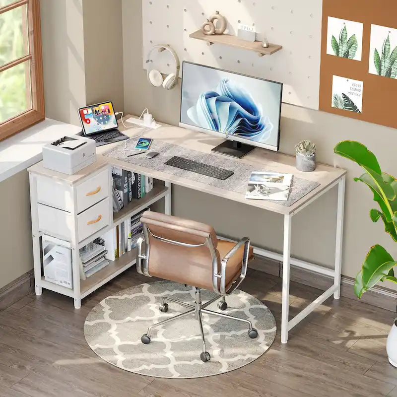 Bureau en L (avec tiroirs, étagères de rangement et prises de courant)