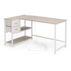 Bureau en L (avec tiroirs, étagères de rangement et prises de courant)