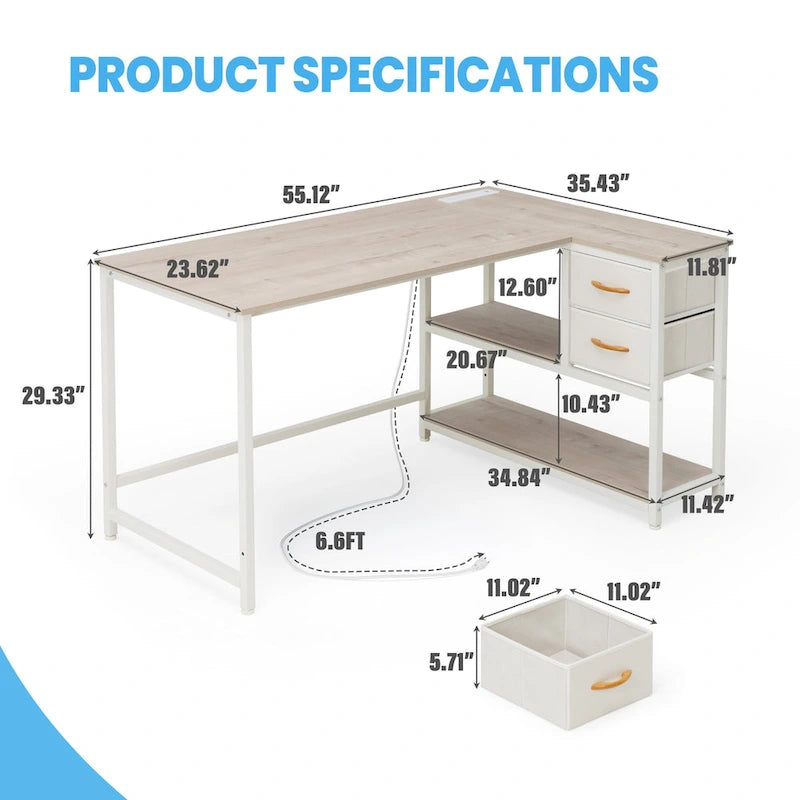 Bureau en L (avec tiroirs, étagères de rangement et prises de courant)