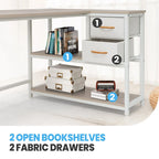 Bureau en L (avec tiroirs, étagères de rangement et prises de courant)