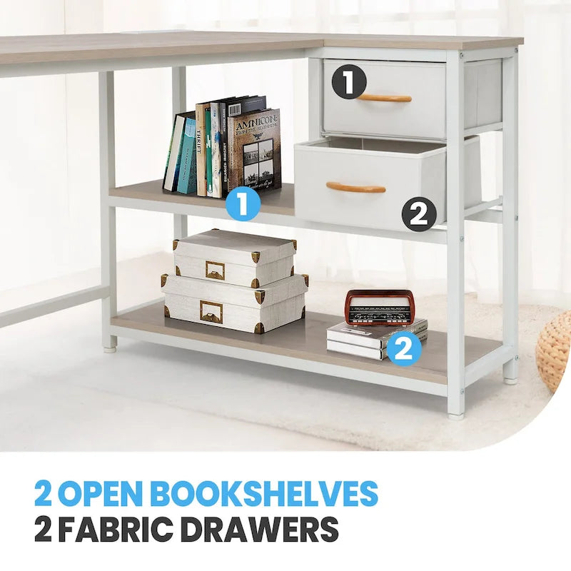 Bureau en L (avec tiroirs, étagères de rangement et prises de courant)