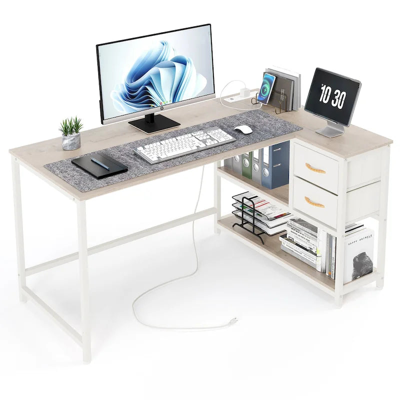 Bureau en L (avec tiroirs, étagères de rangement et prises de courant)