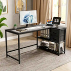 Bureau en L (avec tiroirs, étagères de rangement et prises de courant)
