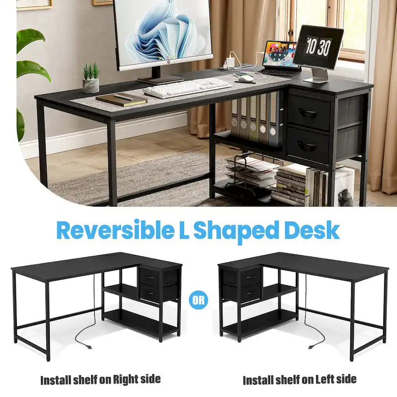 Bureau en L (avec tiroirs, étagères de rangement et prises de courant)