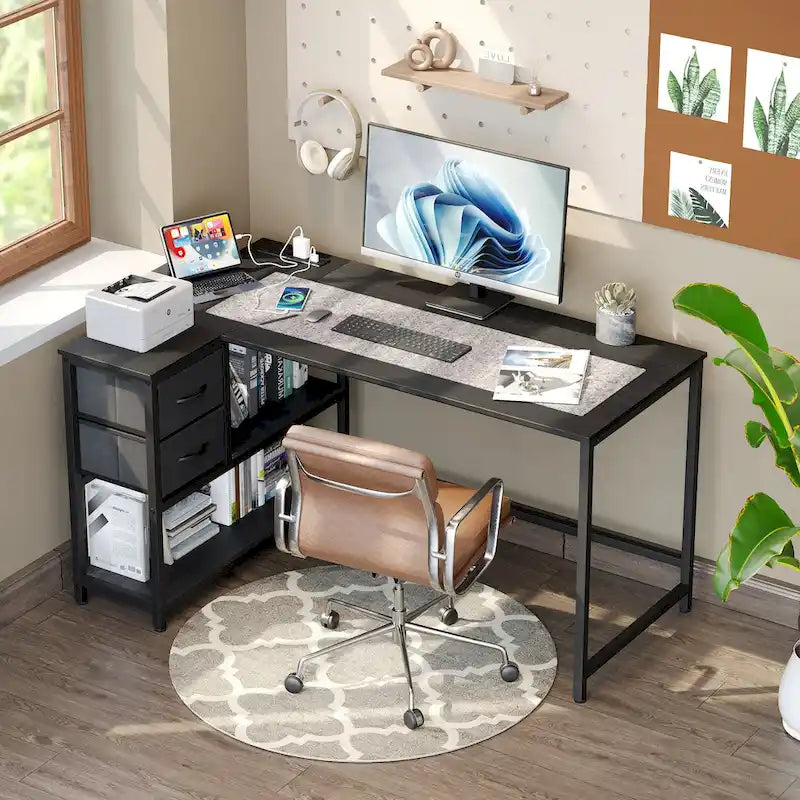Bureau en L (avec tiroirs, étagères de rangement et prises de courant)