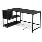 Bureau en L (avec tiroirs, étagères de rangement et prises de courant)