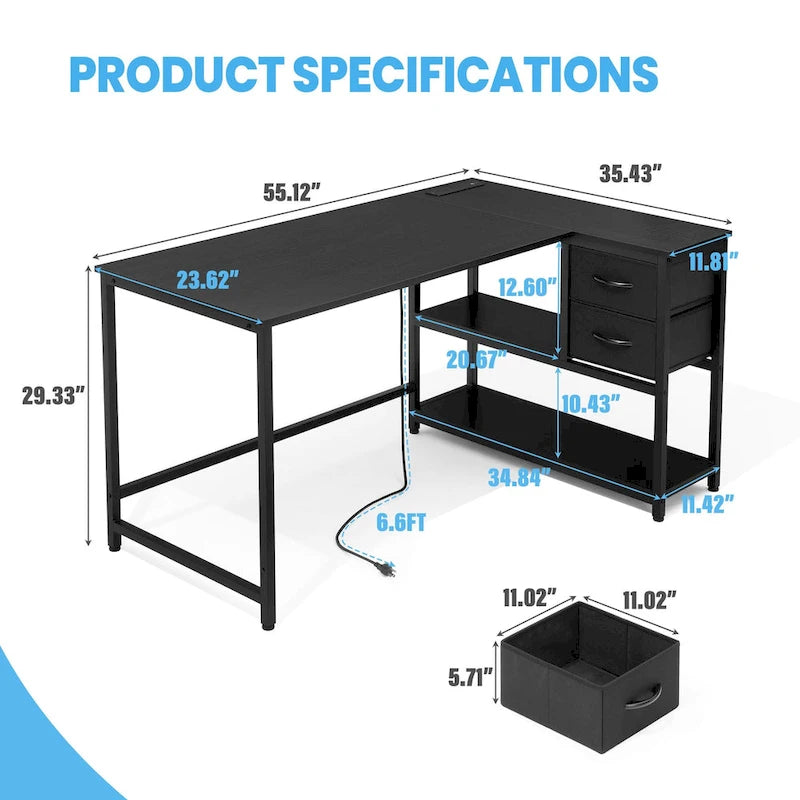Bureau en L (avec tiroirs, étagères de rangement et prises de courant)