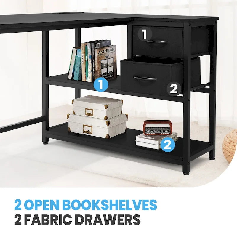 Bureau en L (avec tiroirs, étagères de rangement et prises de courant)