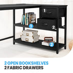 Bureau en L (avec tiroirs, étagères de rangement et prises de courant)