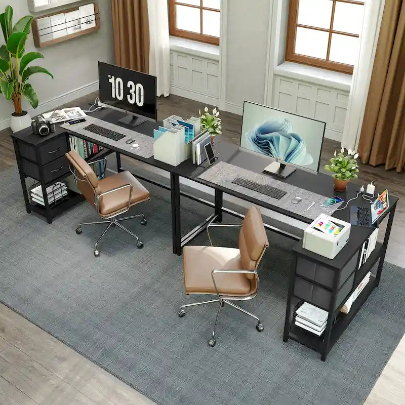 Bureau en L (avec tiroirs, étagères de rangement et prises de courant)