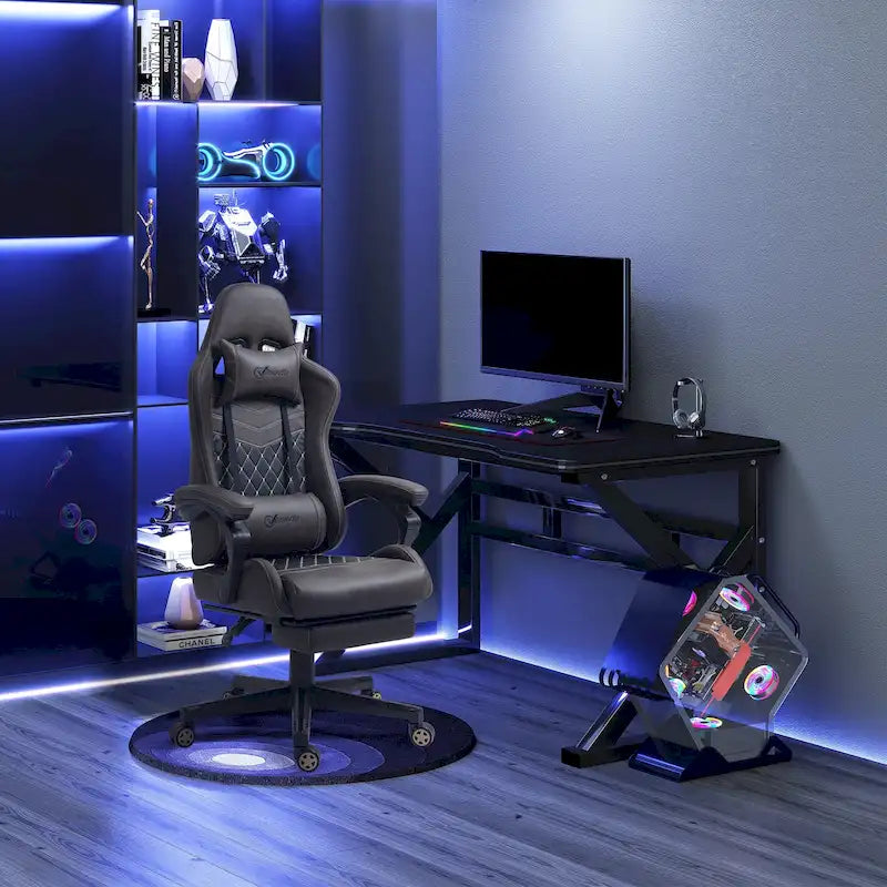 Fauteuil de jeu et de bureau style course avec hauteur réglable, dossier inclinable et support lombaire