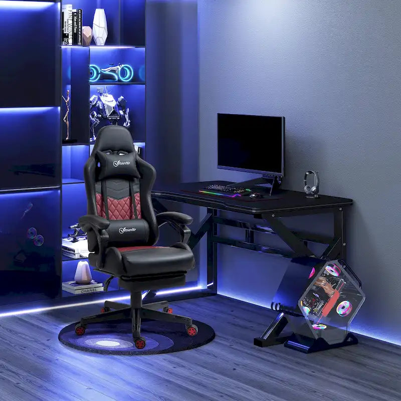 Fauteuil de jeu et de bureau style course avec hauteur réglable, dossier inclinable et support lombaire
