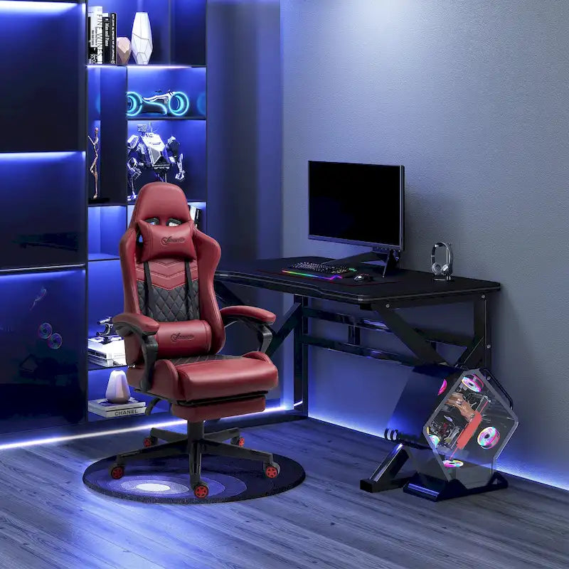 Fauteuil de jeu et de bureau style course avec hauteur réglable, dossier inclinable et support lombaire
