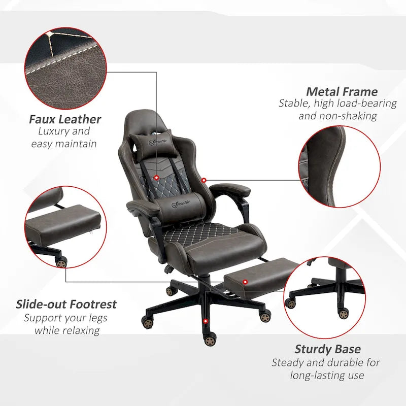 Fauteuil de jeu et de bureau style course avec hauteur réglable, dossier inclinable et support lombaire