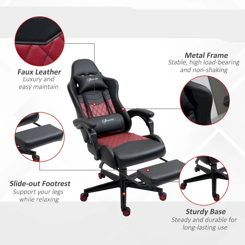 Fauteuil de jeu et de bureau style course avec hauteur réglable, dossier inclinable et support lombaire
