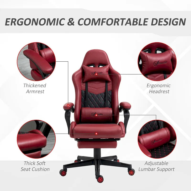 Fauteuil de jeu et de bureau style course avec hauteur réglable, dossier inclinable et support lombaire