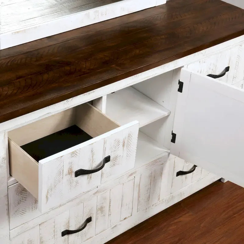 Ensemble de chambre à coucher 4 pièces White Pine avec port USB (lit, commode, miroir et table de chevet)