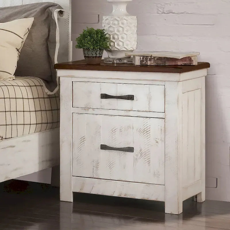 Ensemble de chambre à coucher 4 pièces White Pine avec port USB (lit, commode, miroir et table de chevet)