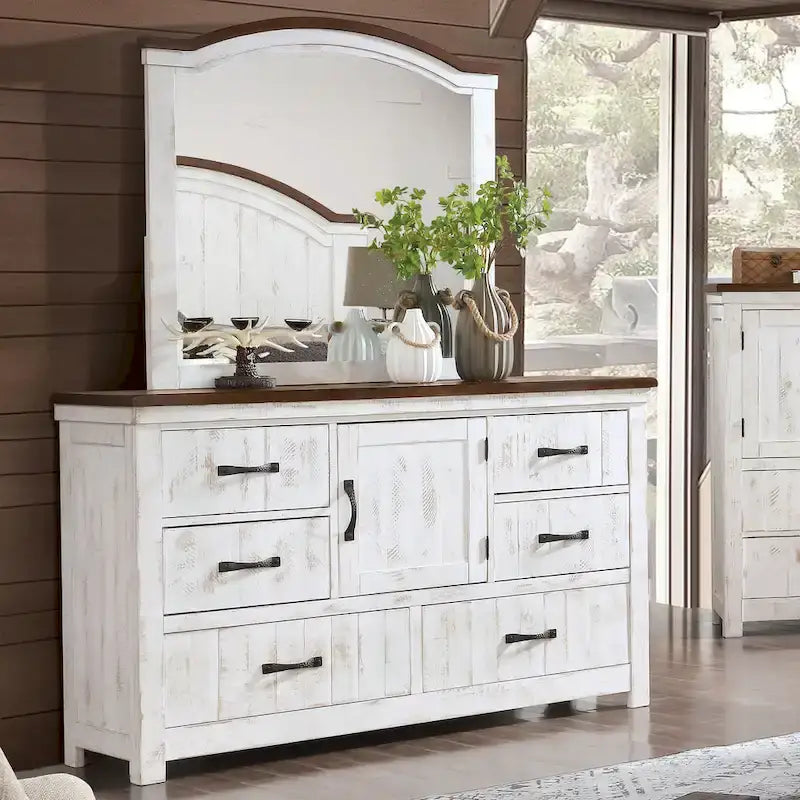 Ensemble de chambre à coucher 4 pièces White Pine avec port USB (lit, commode, miroir et table de chevet)